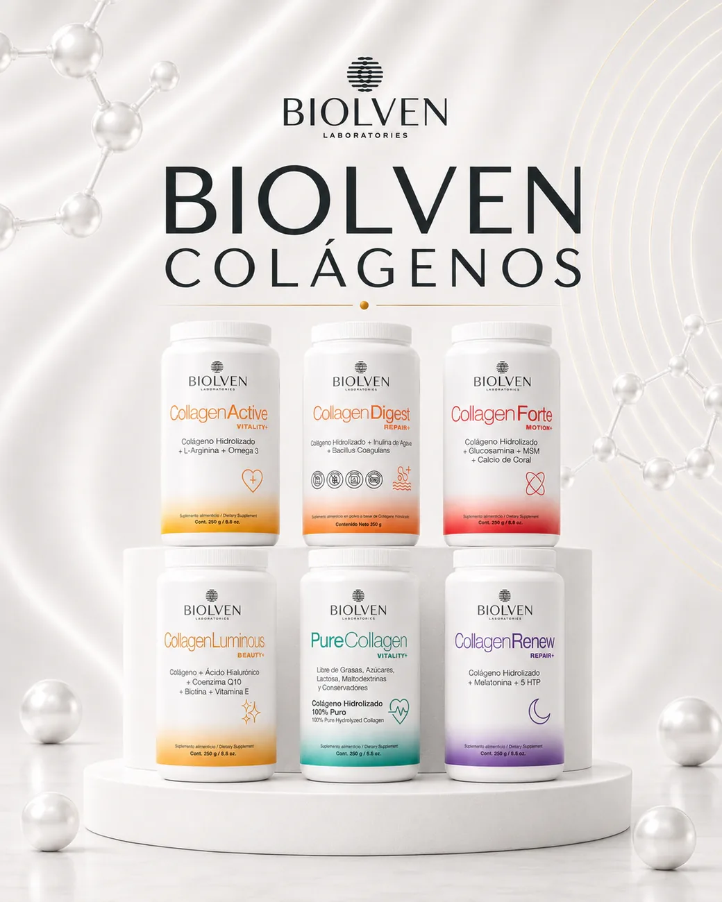 Familia de colágenos Biolven sobre pedestal blanco